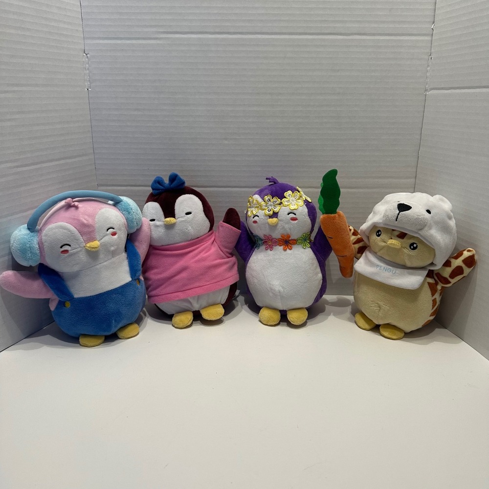 Pudgy Penguins Plush Buddies Lot of 4 Penguin Stuffed Animals Giraffe Flower